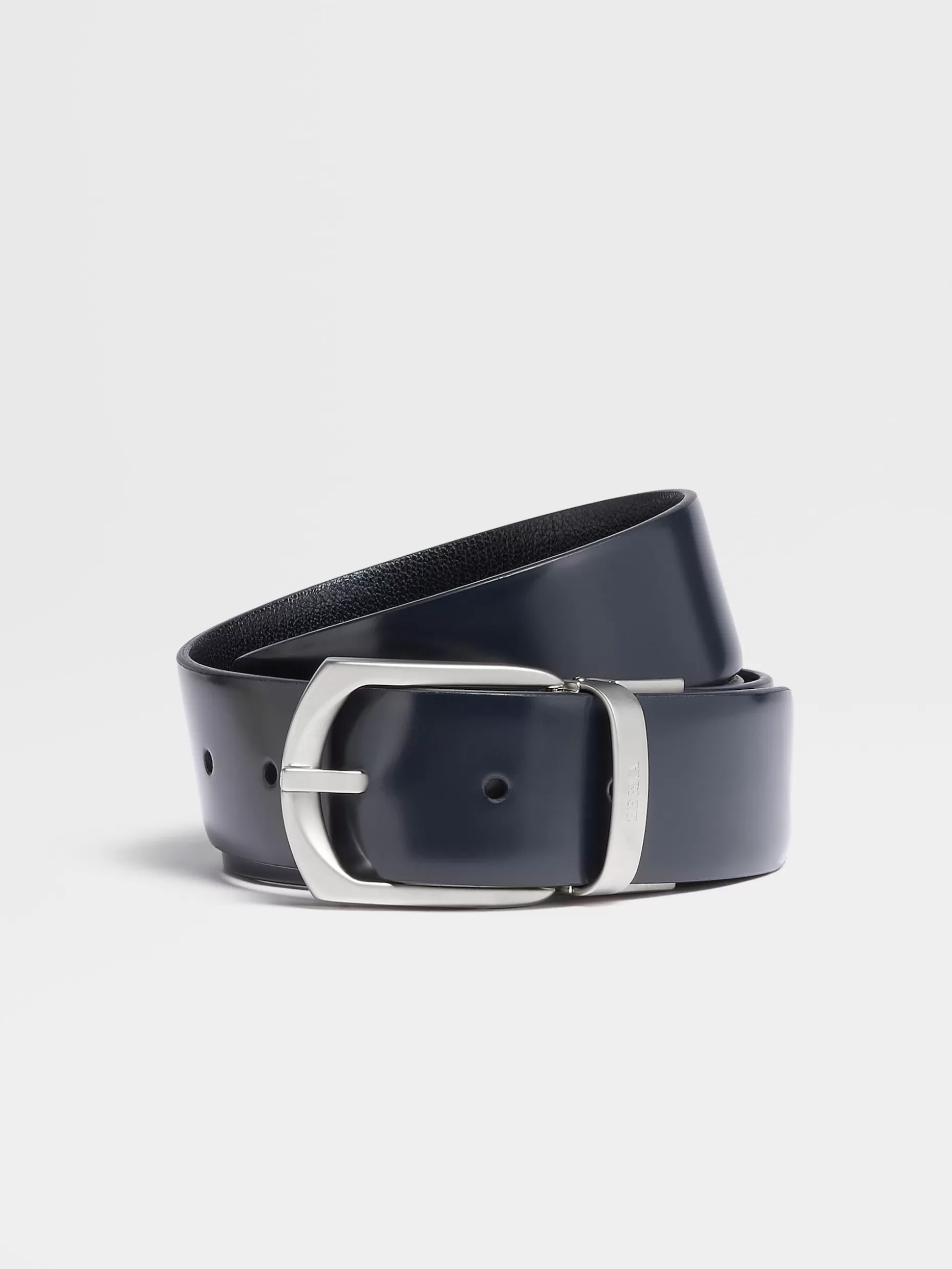 Men ZEGNA Blue Shiny Smooth Leather And Black Madras Engraved Leather Reversible Belt