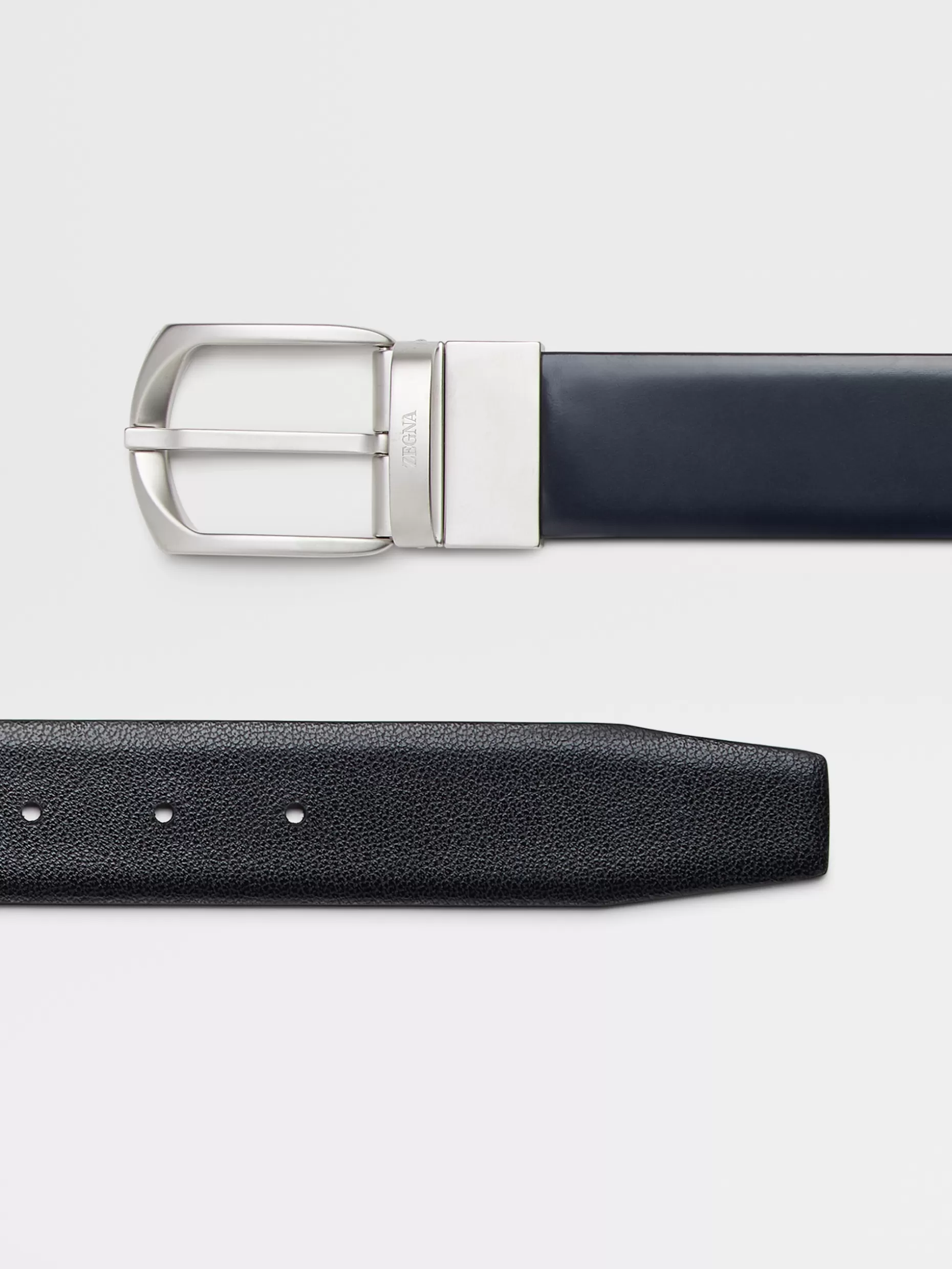 Men ZEGNA Blue Shiny Smooth Leather And Black Madras Engraved Leather Reversible Belt