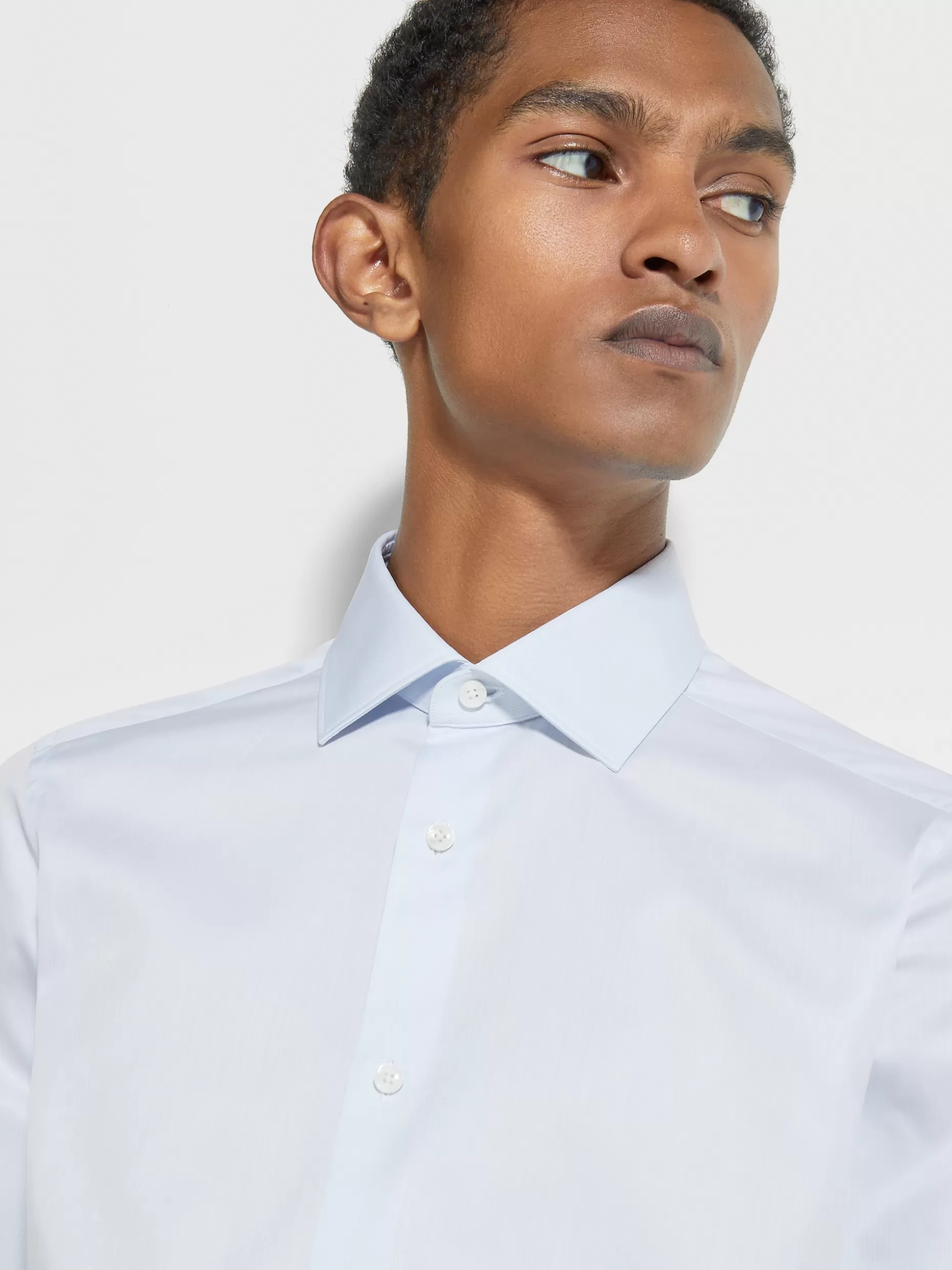 Men ZEGNA White And Light Blue Micro Striped Trecapi Cotton Tailoring Long-Sleeve Shirt