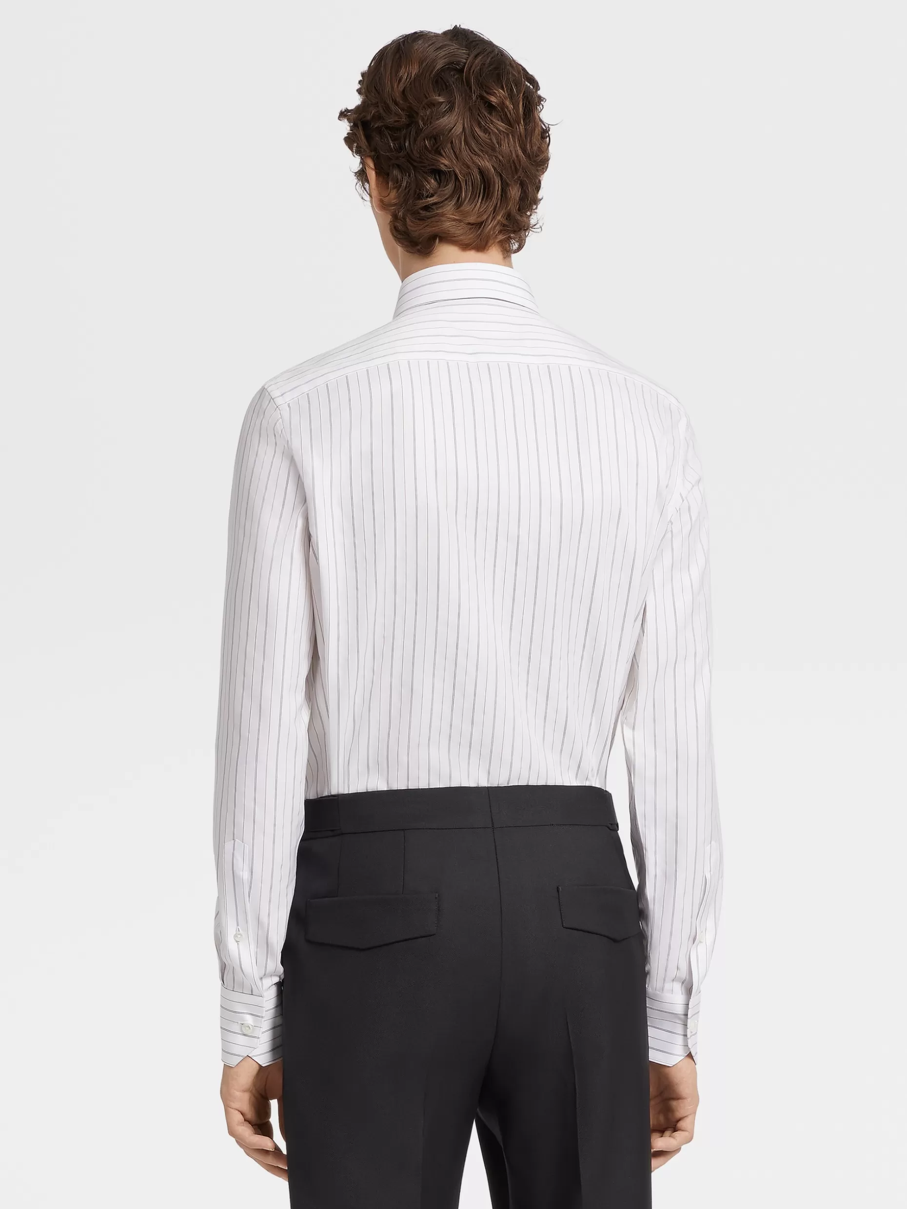 Men ZEGNA White And Vicuna Color Macro Striped Trecapi Cotton Long-Sleeve Tailoring Shirt